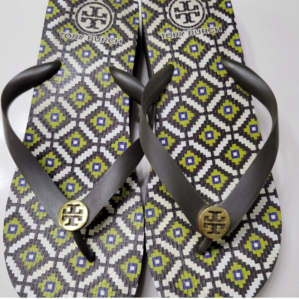 Tory Burch Geometric Flip Flops with Brown and Gold Accents